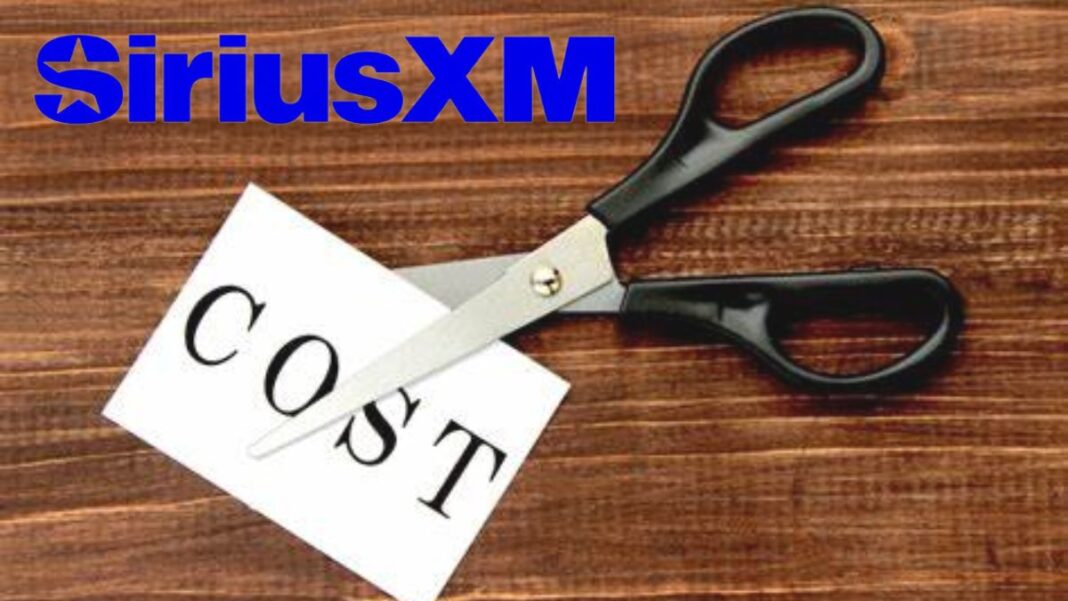 Logo for SiriusXM and a graphic showing cost cutting