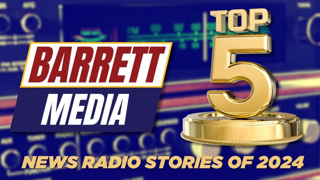 A photo of a Top 5 gold trophy and the Barrett Media logo