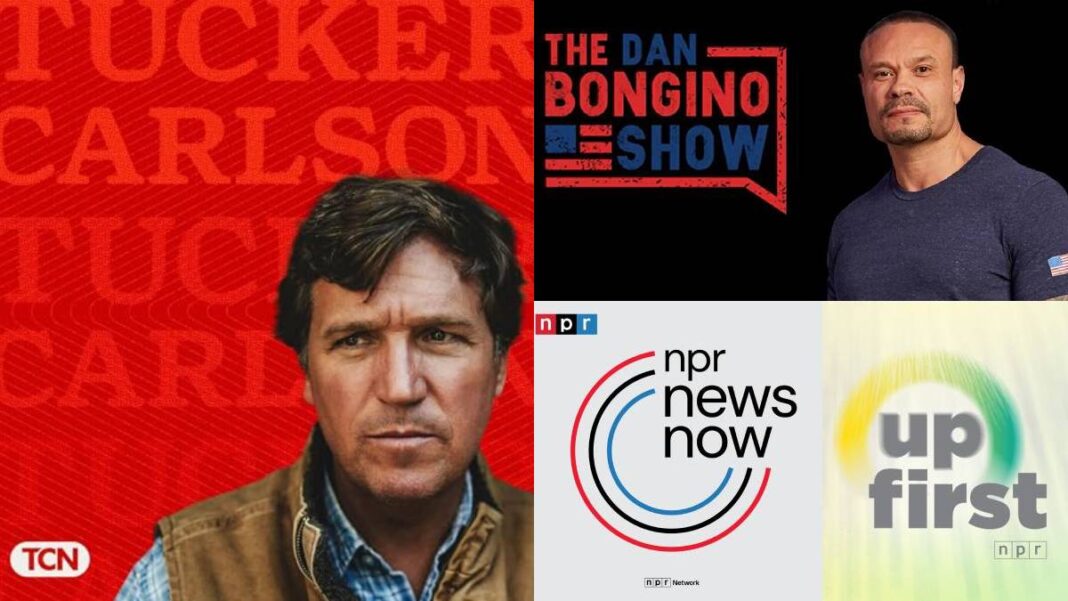 A photo of podcast photos for Tucker Carlson, Dan Bongino, and NPR