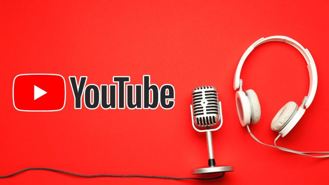 A photo of the YouTube logo and a podcast microphone and headphones