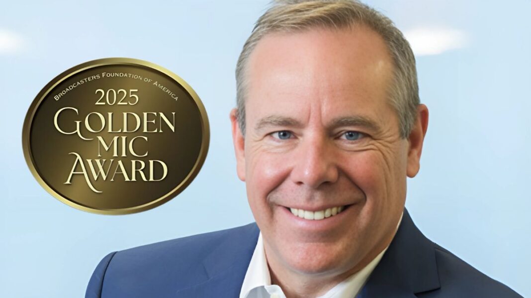 A photo of Brian Lawlor and the BFOA Golden Mic Award logo