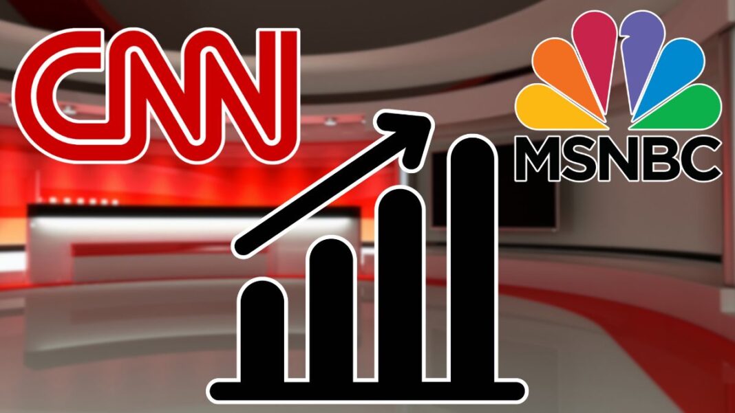 A photo of the CNN and MSNBC logos with a graph point upward