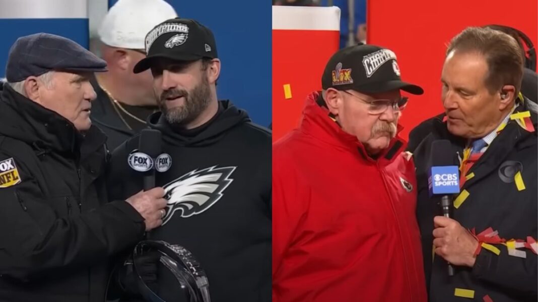 Screengrabs of the Kansas City Chiefs and Philadelphia Eagles celebrating going to the Super Bowl