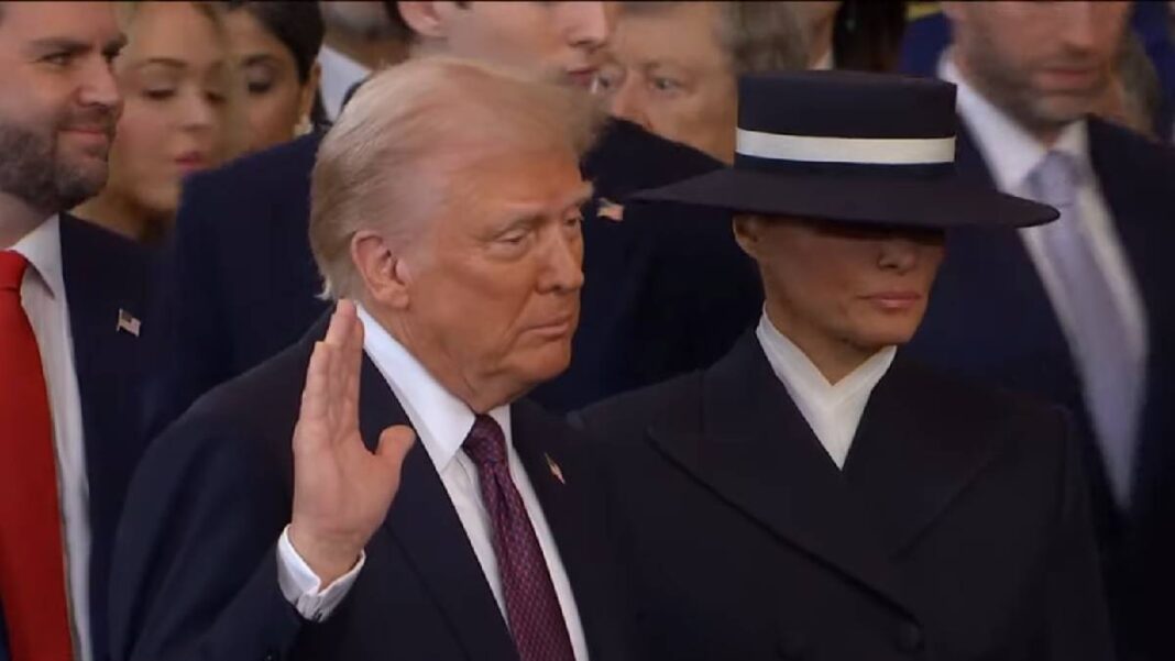 A photo of Donald Trump taking the oath of office