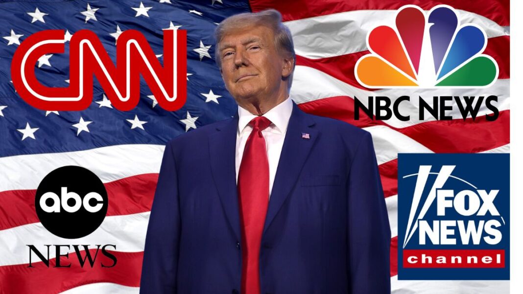 A photo of Donald Trump with the ABC News, CNN, Fox News, and NBC News logos