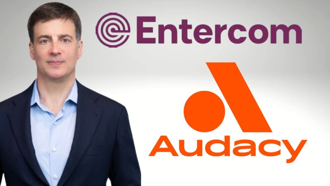 Photo of David Field and logos for Entercom and Audacy