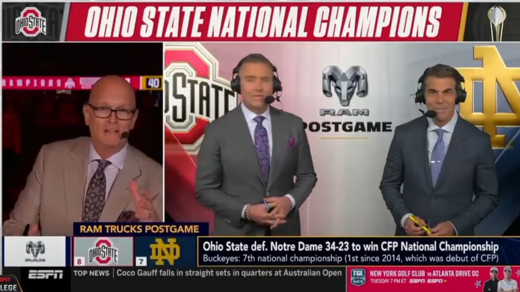 Screengrab of Scott Van Pelt, Kirk Herbstreit and Chris Fowler on ESPN