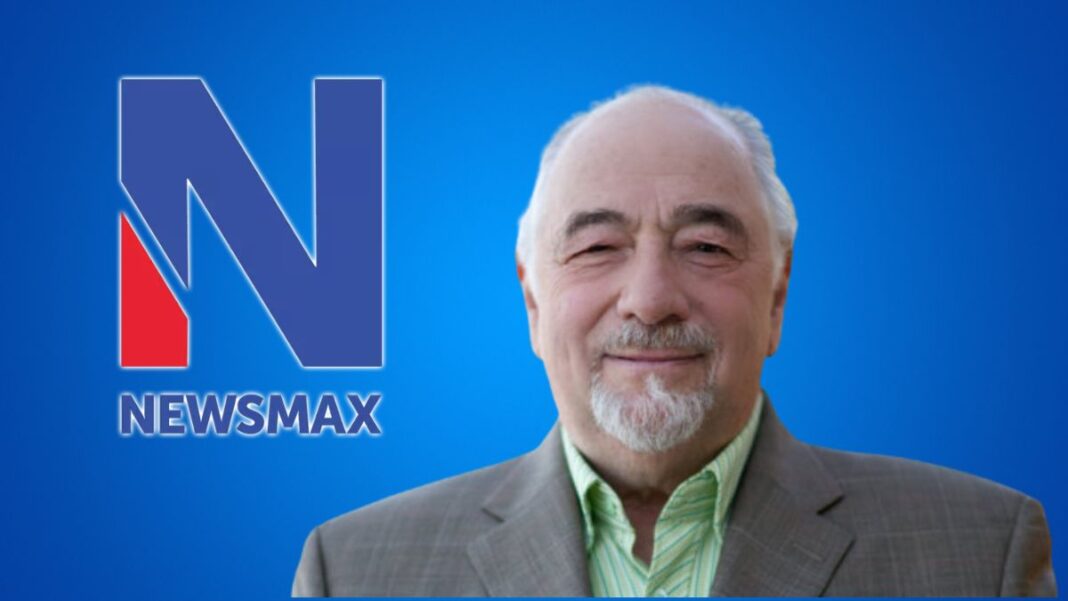 A photo of Michael Savage and the Newsmax logo