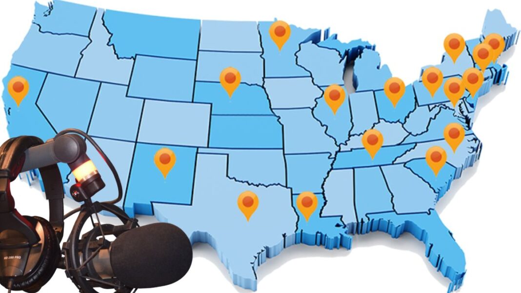 Map of the United States and a broadcaster's microphone