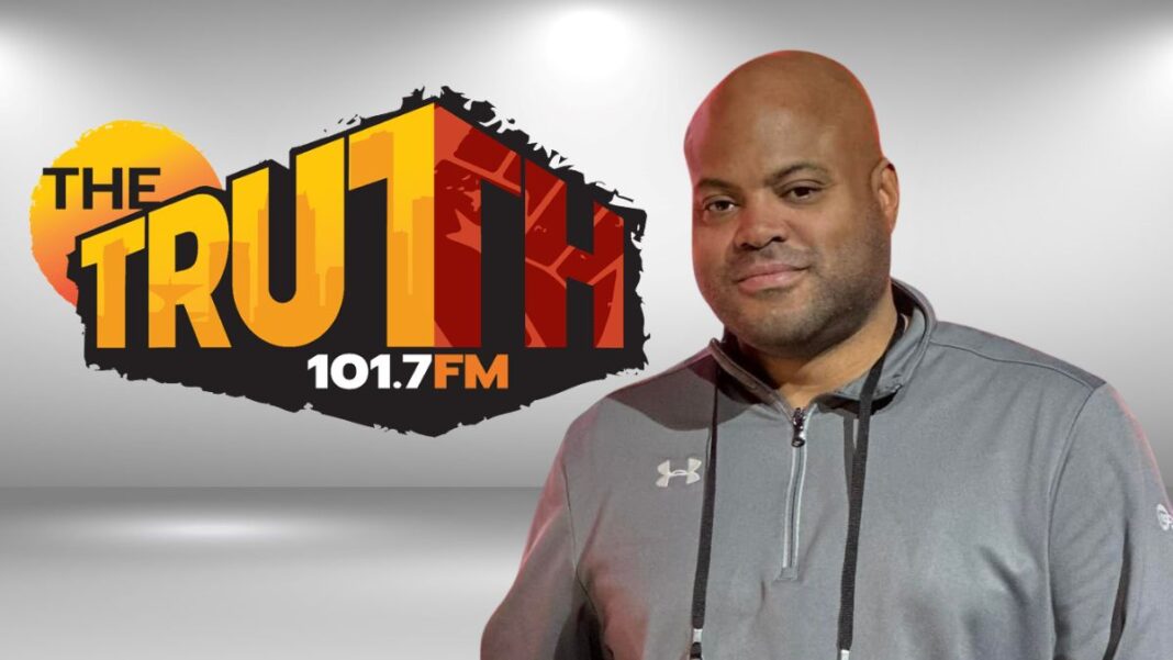 A photo of Sean Thompson and the 101.7 The Truth logo