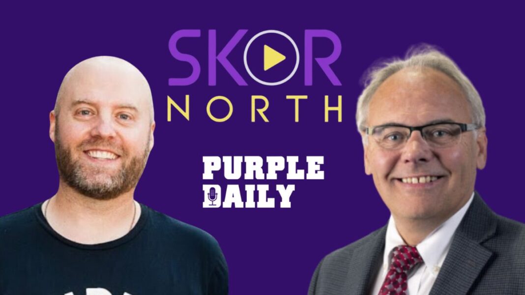 Photos of Phil Mackey and Dan Seeman with logos for SKOR North and Purple Daily