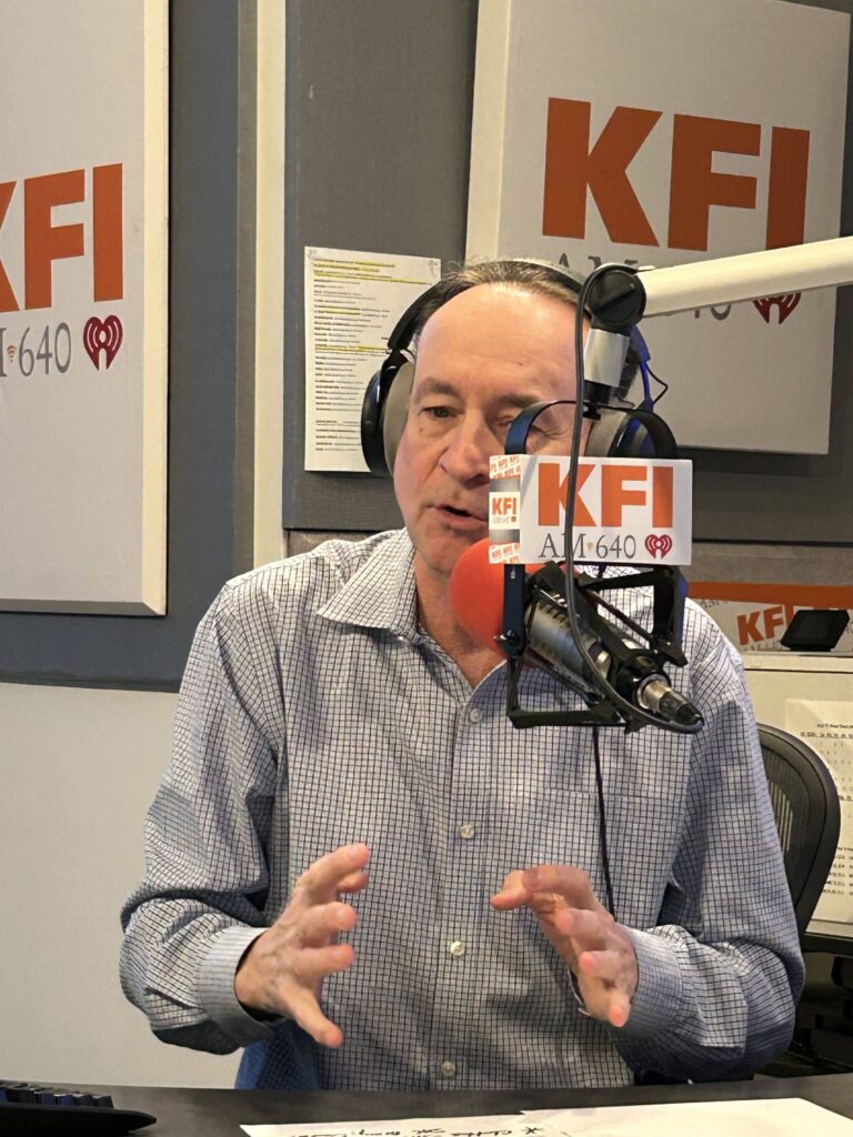 A photo of Tim Conway Jr. in the KFI-AM 640 studios during coverage of the wildfires in the area.