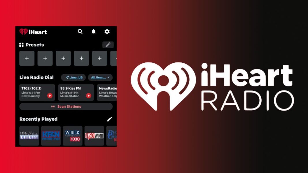 A photo of the iHeartRadio logo and the iHeartRadio app