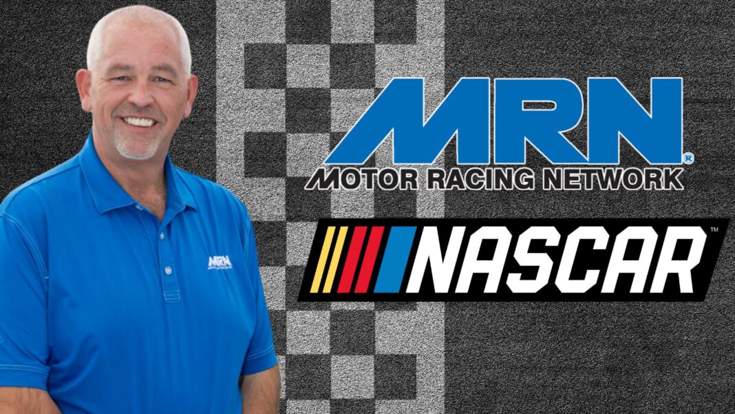 Photo of Mike Bagley and logos for MRN and NASCAR