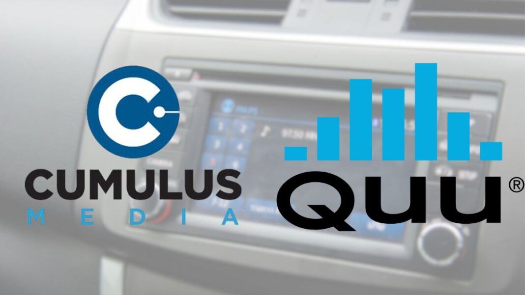 A photo of the logos for Cumulus Media and Quu