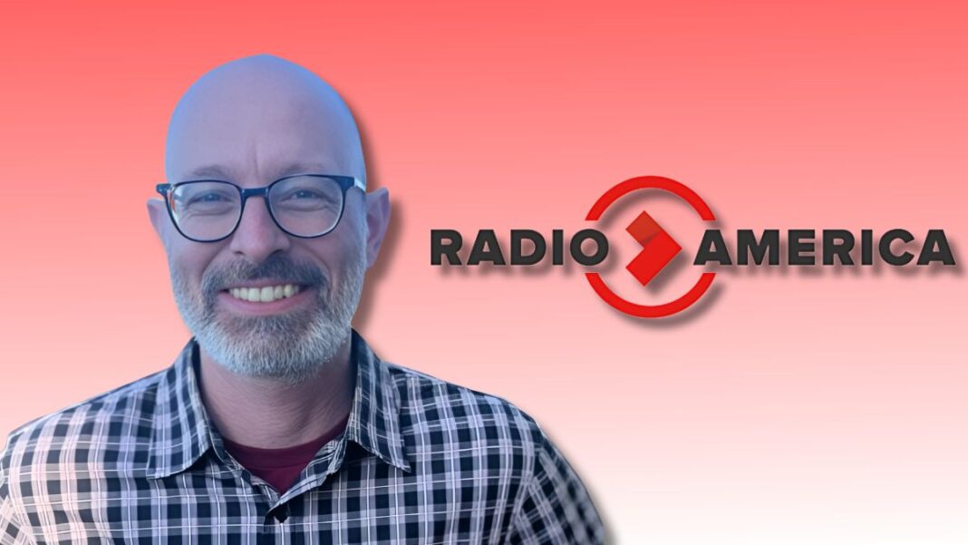 A photo of Mike Paradiso and the Radio America logo