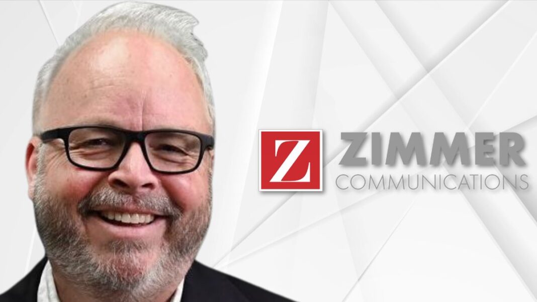 A photo of Peter Thiele and the Zimmer Communications logo