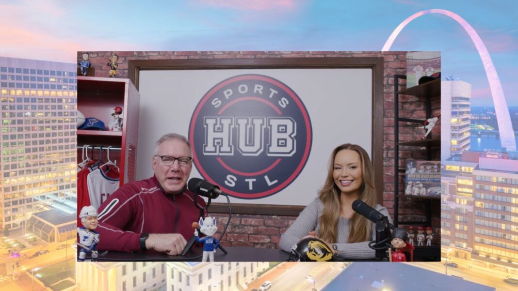 Photo of Randy Karraker and Brooke Grimsley on the set of Sports Hub STL