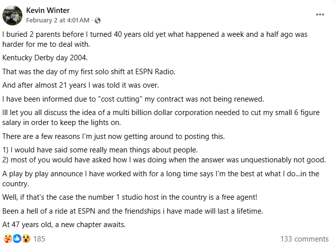 screengrab of a Facebook post from Kevin Winter